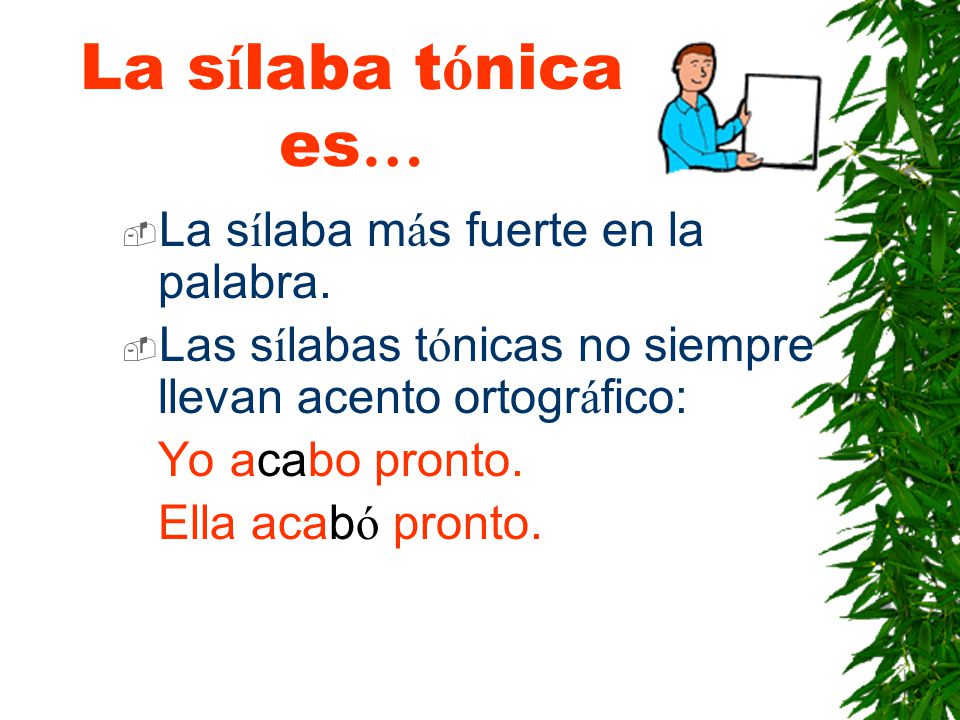 La sílaba tónica es… La sílaba más fuerte en la palabra.