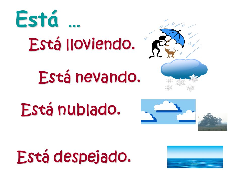 Está … Está lloviendo. Está nevando. Está nublado. Está despejado.