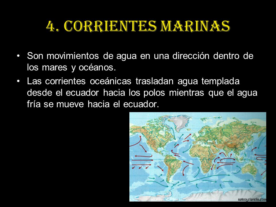 4. Corrientes marinas Son movimientos de agua en una dirección dentro de los mares y océanos.