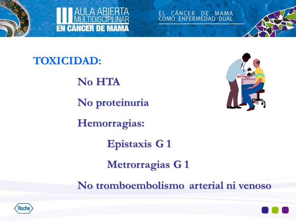 TOXICIDAD: No HTA. No proteinuria. Hemorragias: Epistaxis G 1.