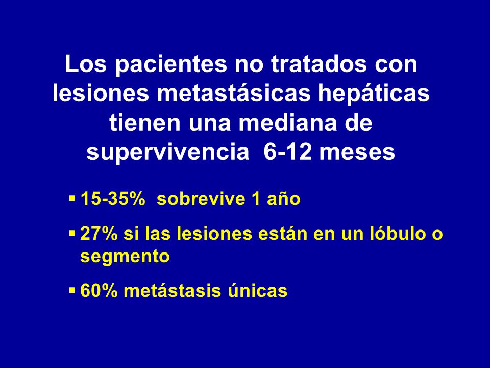 Los pacientes no tratados con lesiones metastásicas hepáticas tienen una mediana de supervivencia 6-12 meses