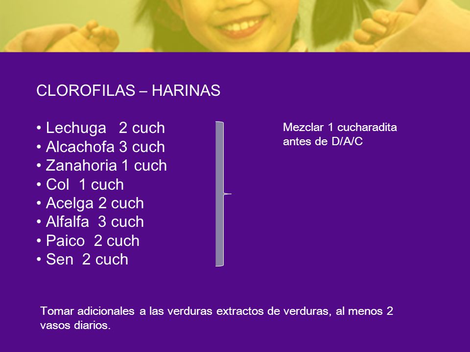 CLOROFILAS – HARINAS Lechuga 2 cuch Alcachofa 3 cuch Zanahoria 1 cuch