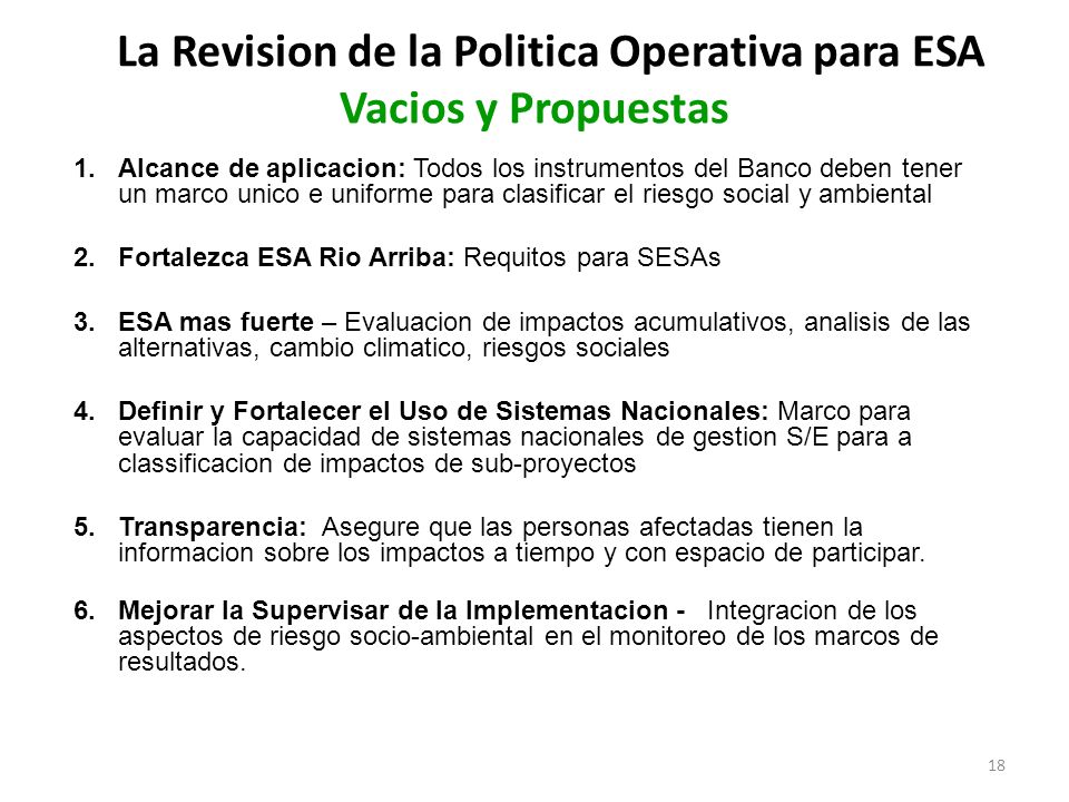 La Revision de la Politica Operativa para ESA Vacios y Propuestas