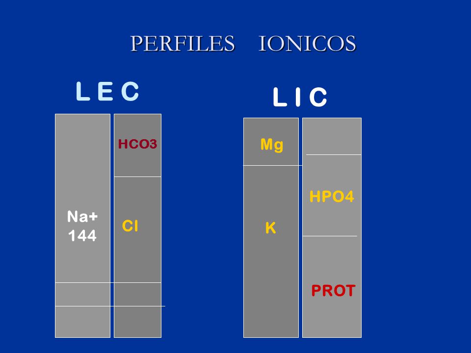 PERFILES IONICOS L E C L I C Na+ 144 K HCO3 Mg HPO4 Cl PROT