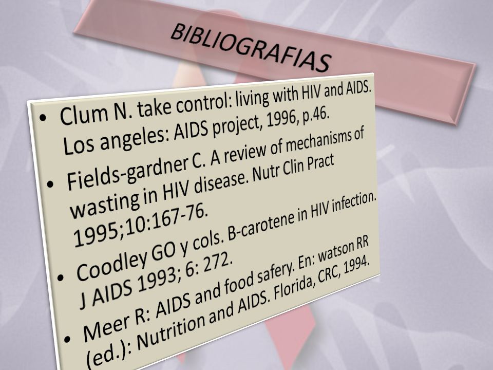 BIBLIOGRAFIAS Clum N. take control: living with HIV and AIDS. Los angeles: AIDS project, 1996, p.46.