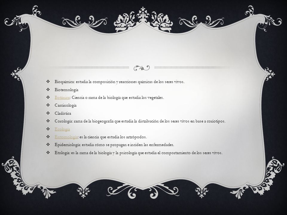 Bioquímica: estudia la composición y reacciones químicas de los seres vivos.
