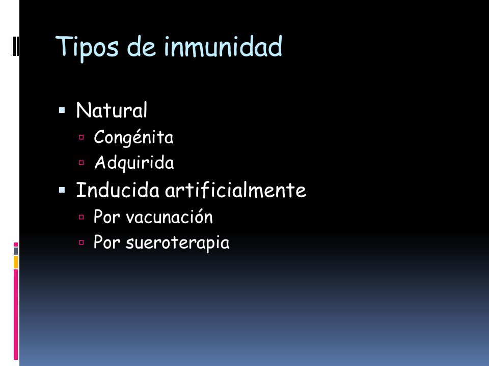 Tipos de inmunidad Natural Inducida artificialmente Congénita