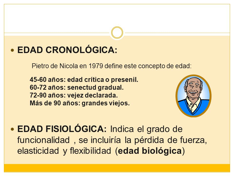 EDAD CRONOLÓGICA: EDAD FISIOLÓGICA: Indica el grado de funcionalidad , se incluiría la pérdida de fuerza, elasticidad y flexibilidad (edad biológica)