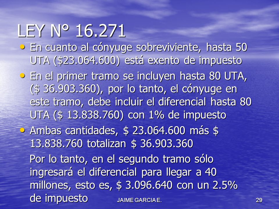 LEY N° En cuanto al cónyuge sobreviviente, hasta 50 UTA ($ ) está exento de impuesto.
