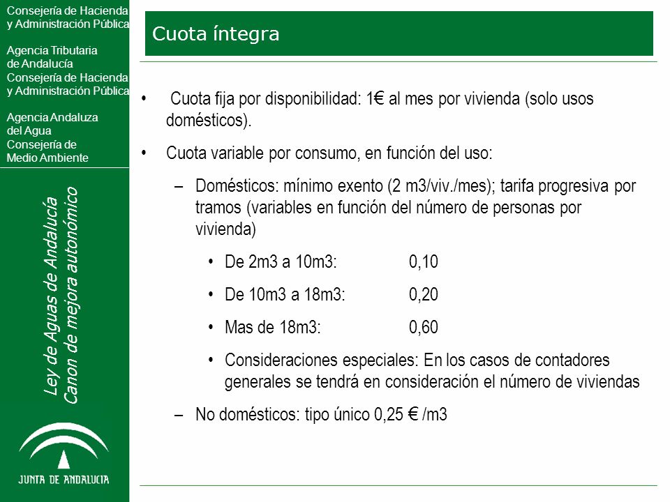 Cuota íntegra Cuota fija por disponibilidad: 1€ al mes por vivienda (solo usos domésticos). Cuota variable por consumo, en función del uso: