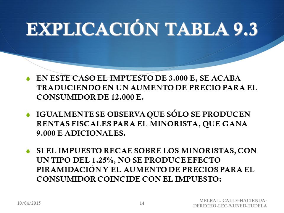 EXPLICACIÓN TABLA 9.3 EN ESTE CASO EL IMPUESTO DE E, SE ACABA TRADUCIENDO EN UN AUMENTO DE PRECIO PARA EL CONSUMIDOR DE E.