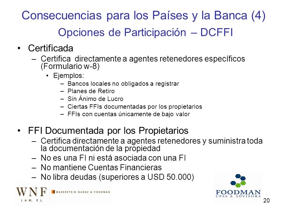 Consecuencias para los Países y la Banca (4) Opciones de Participación – DCFFI