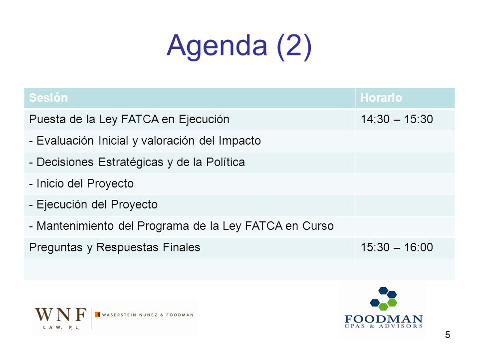Agenda (2) Sesión Horario Puesta de la Ley FATCA en Ejecución