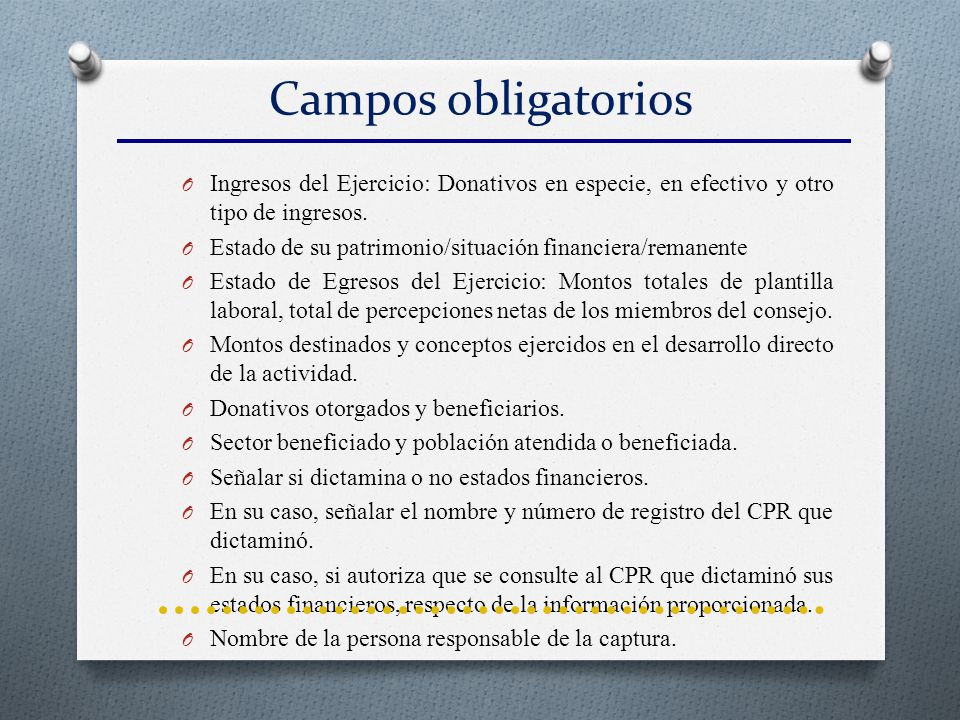 Campos obligatorios Ingresos del Ejercicio: Donativos en especie, en efectivo y otro tipo de ingresos.