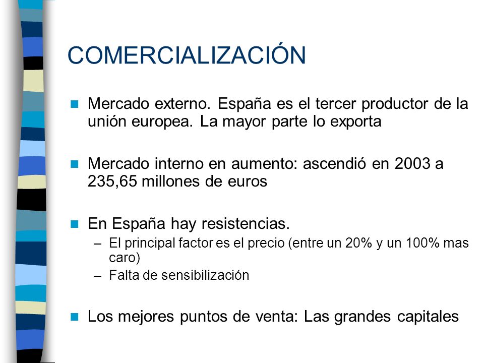 COMERCIALIZACIÓN Mercado externo. España es el tercer productor de la unión europea. La mayor parte lo exporta.