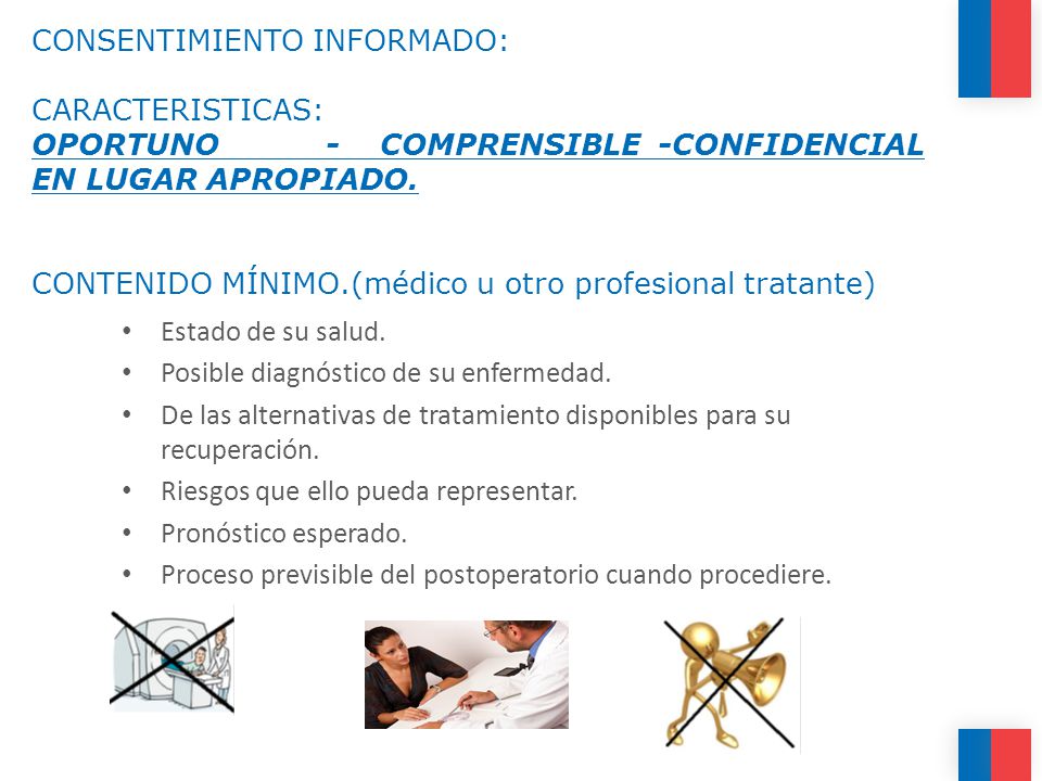 CONSENTIMIENTO INFORMADO: CARACTERISTICAS: OPORTUNO - COMPRENSIBLE -CONFIDENCIAL EN LUGAR APROPIADO. Contenido mínimo.(médico u otro profesional tratante)