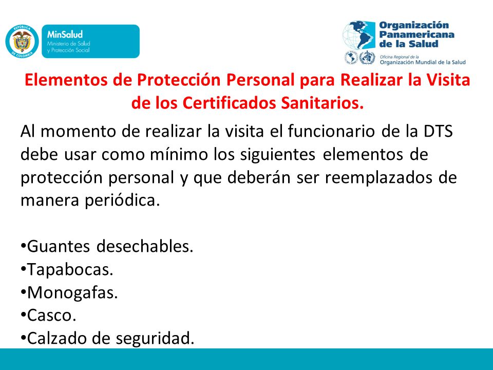 Elementos de Protección Personal para Realizar la Visita de los Certificados Sanitarios.