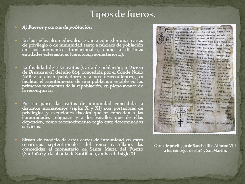 Tipos de fueros. A) Fueros y cartas de población