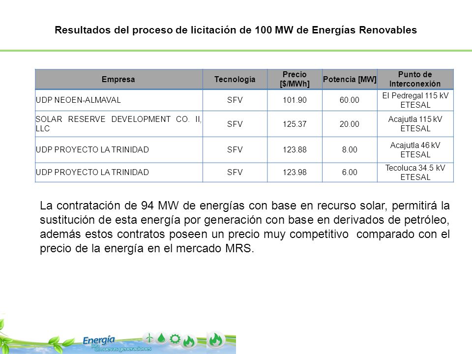 Resultados del proceso de licitación de 100 MW de Energías Renovables