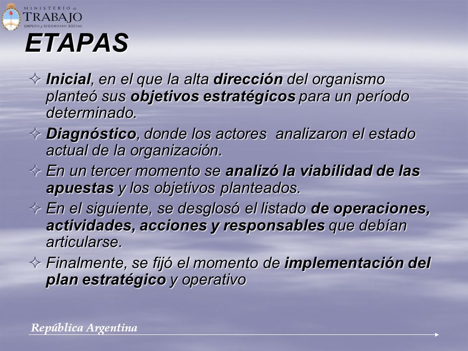 ETAPAS Inicial, en el que la alta dirección del organismo planteó sus objetivos estratégicos para un período determinado.
