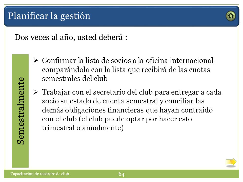 Planificar la gestión Semestralmente Dos veces al año, usted deberá :