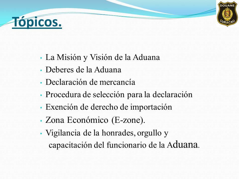 Tópicos. Zona Económico (E-zone). La Misión y Visión de la Aduana