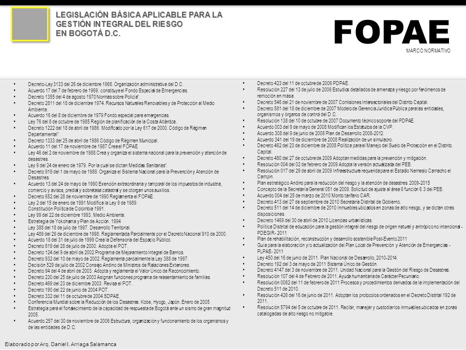 FOPAE LEGISLACIÓN BÁSICA APLICABLE PARA LA GESTIÓN INTEGRAL DEL RIESGO