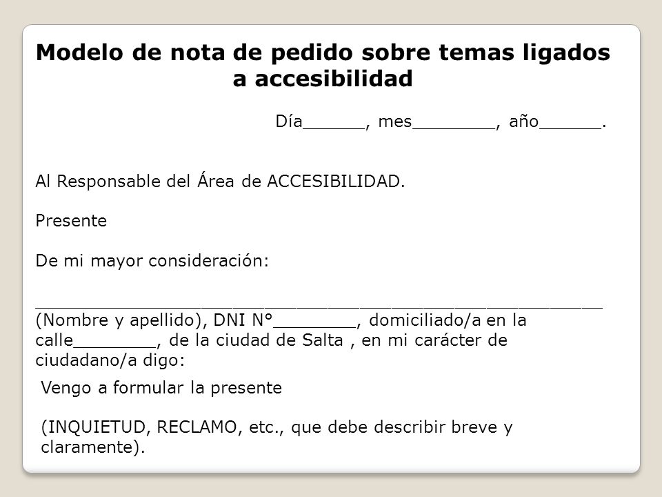 Modelo de nota de pedido sobre temas ligados a accesibilidad