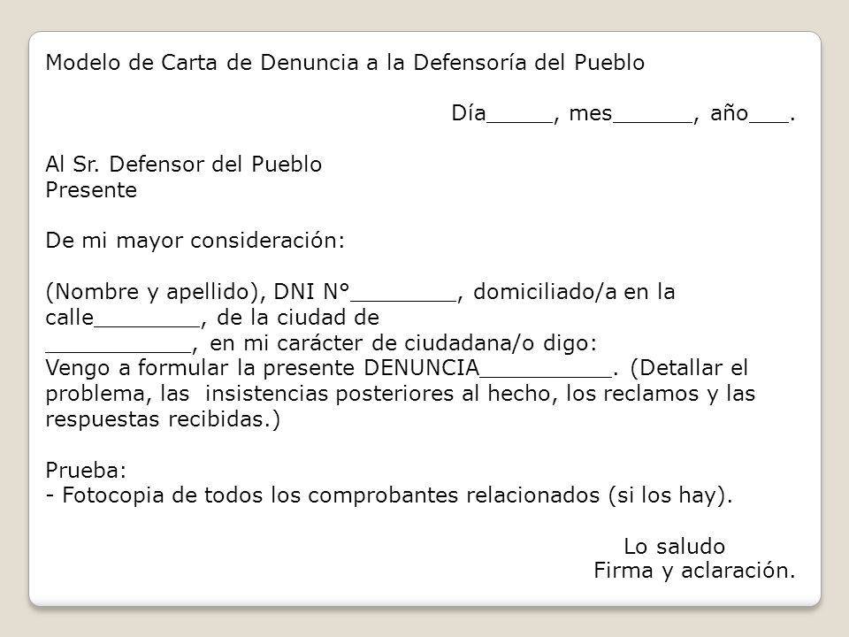 Modelo de Carta de Denuncia a la Defensoría del Pueblo