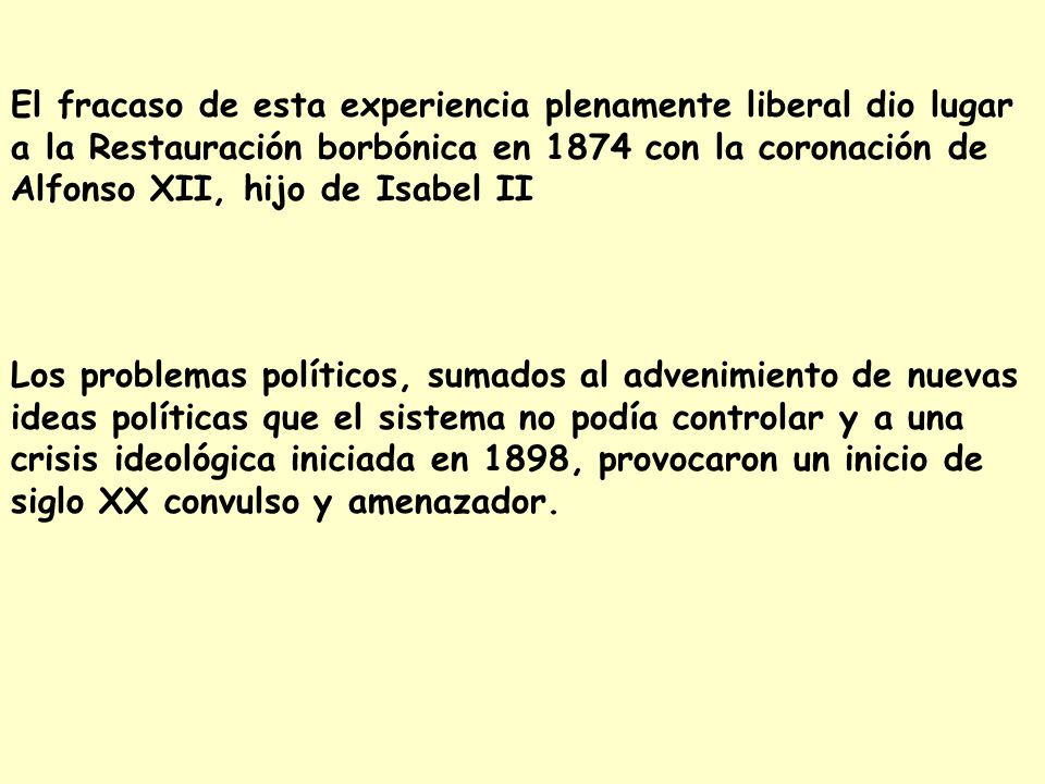 El fracaso de esta experiencia plenamente liberal dio lugar a la Restauración borbónica en 1874 con la coronación de Alfonso XII, hijo de Isabel II