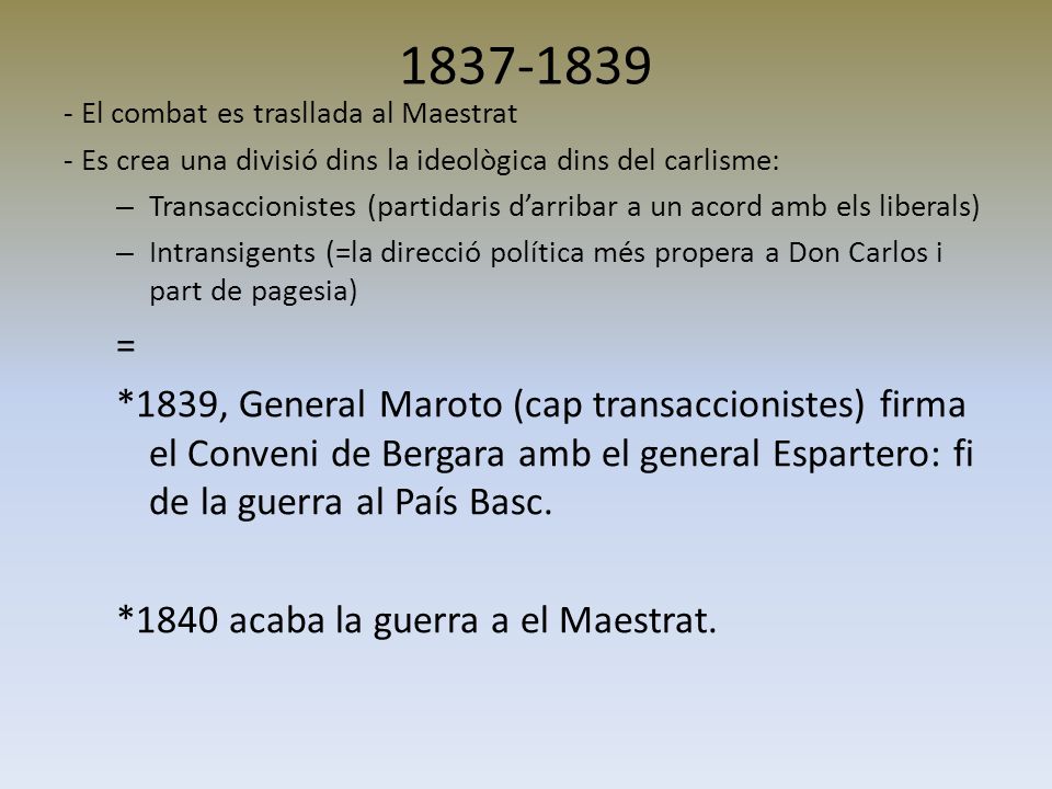 El combat es trasllada al Maestrat. - Es crea una divisió dins la ideològica dins del carlisme: