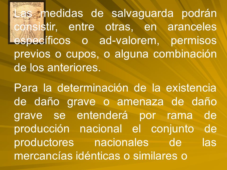 Las medidas de salvaguarda podrán consistir, entre otras, en aranceles específicos o ad-valorem, permisos previos o cupos, o alguna combinación de los anteriores.