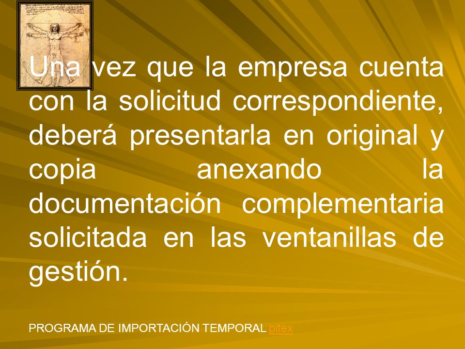Una vez que la empresa cuenta con la solicitud correspondiente, deberá presentarla en original y copia anexando la documentación complementaria solicitada en las ventanillas de gestión.