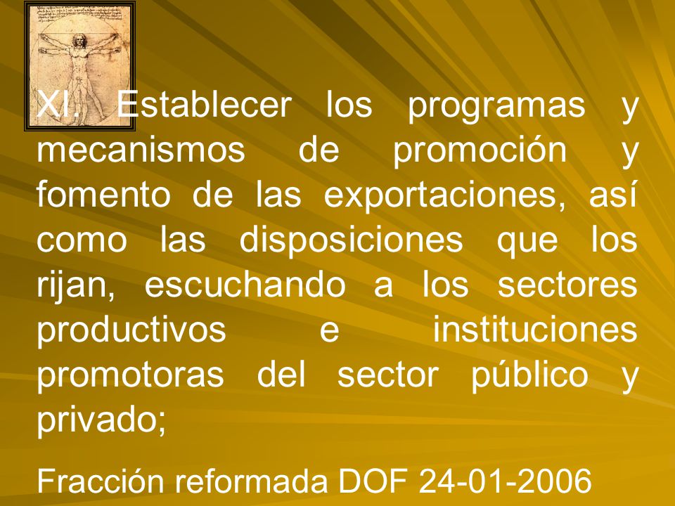 XI. Establecer los programas y mecanismos de promoción y fomento de las exportaciones, así como las disposiciones que los rijan, escuchando a los sectores productivos e instituciones promotoras del sector público y privado;