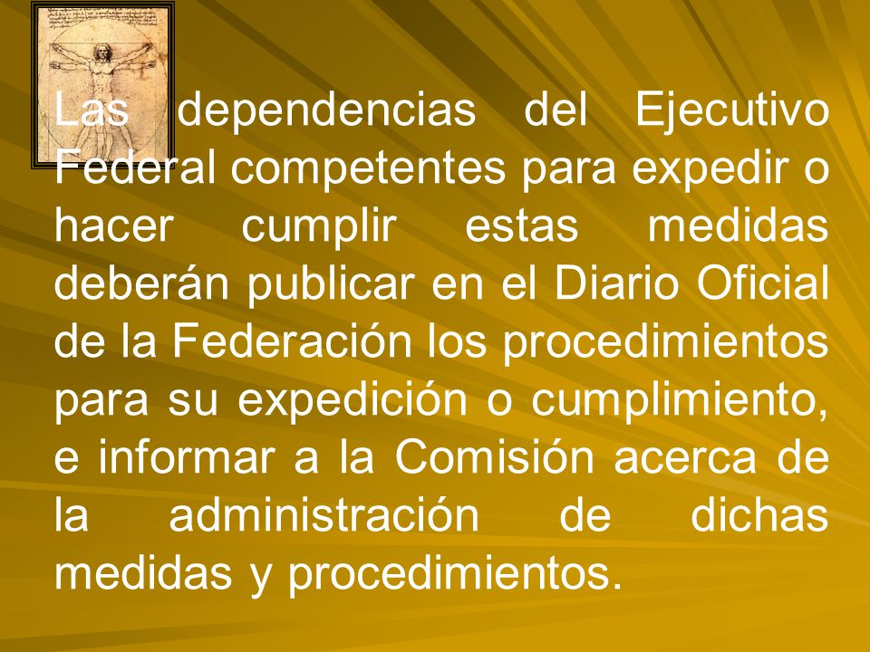 Las dependencias del Ejecutivo Federal competentes para expedir o hacer cumplir estas medidas deberán publicar en el Diario Oficial de la Federación los procedimientos para su expedición o cumplimiento, e informar a la Comisión acerca de la administración de dichas medidas y procedimientos.