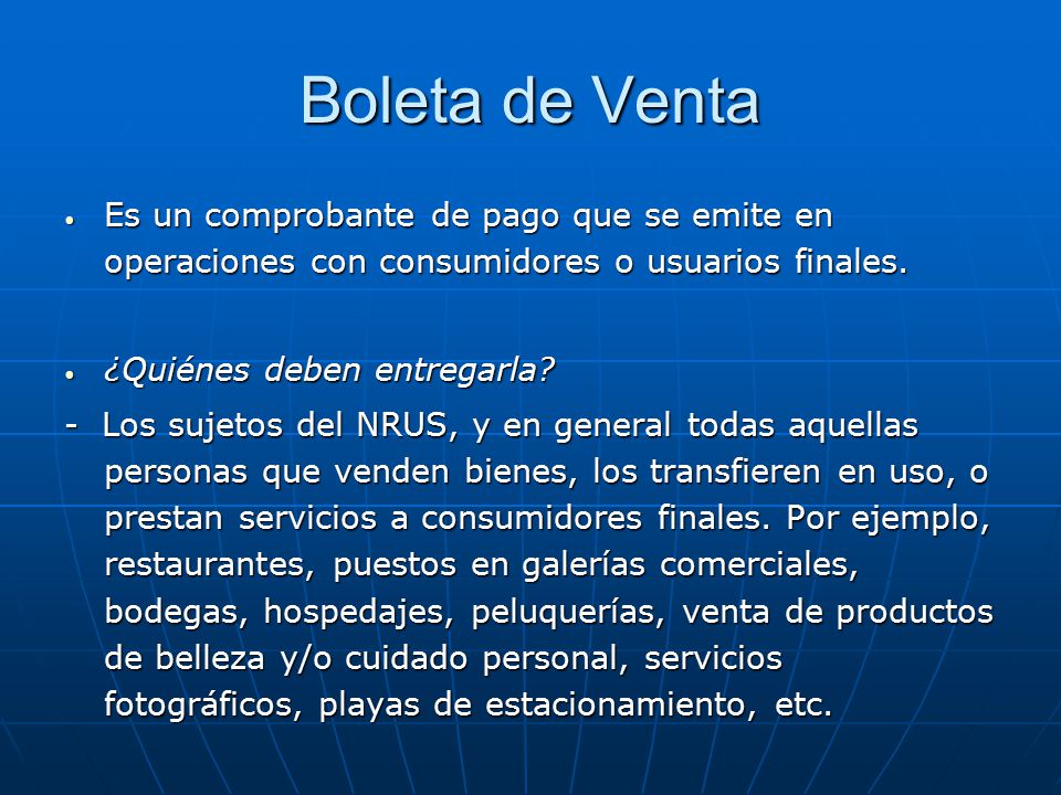 Boleta de Venta Es un comprobante de pago que se emite en operaciones con consumidores o usuarios finales.