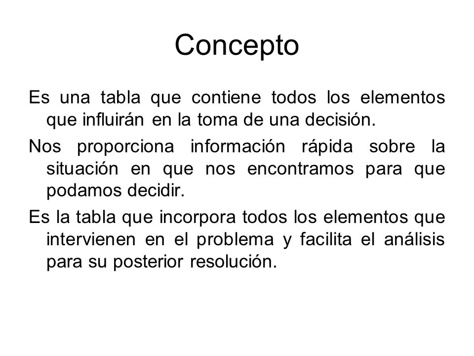 Concepto Es una tabla que contiene todos los elementos que influirán en la toma de una decisión.