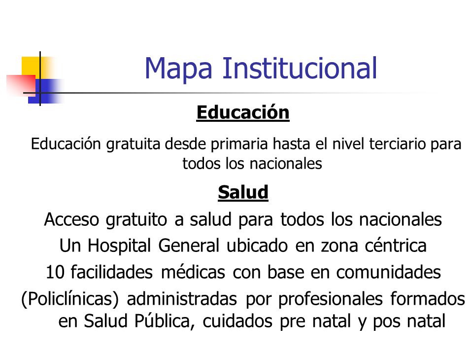 Mapa Institucional Educación. Educación gratuita desde primaria hasta el nivel terciario para todos los nacionales.