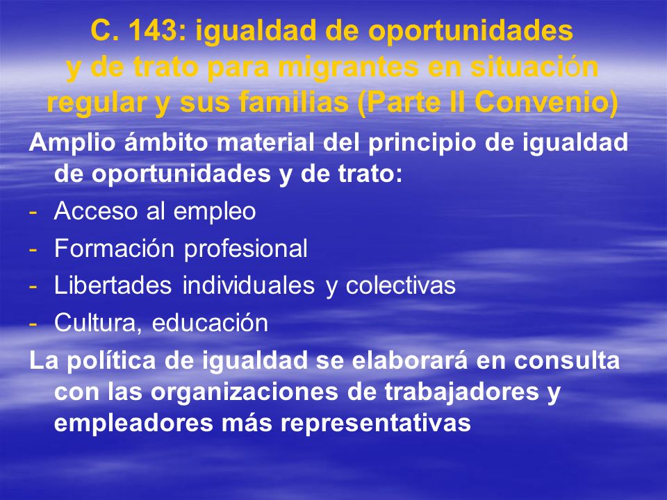 C. 143: igualdad de oportunidades y de trato para migrantes en situación regular y sus familias (Parte II Convenio)