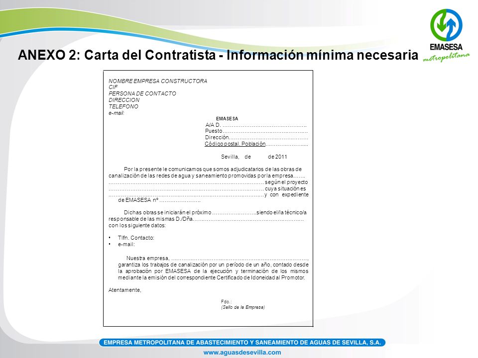 ANEXO 2: Carta del Contratista - Información mínima necesaria