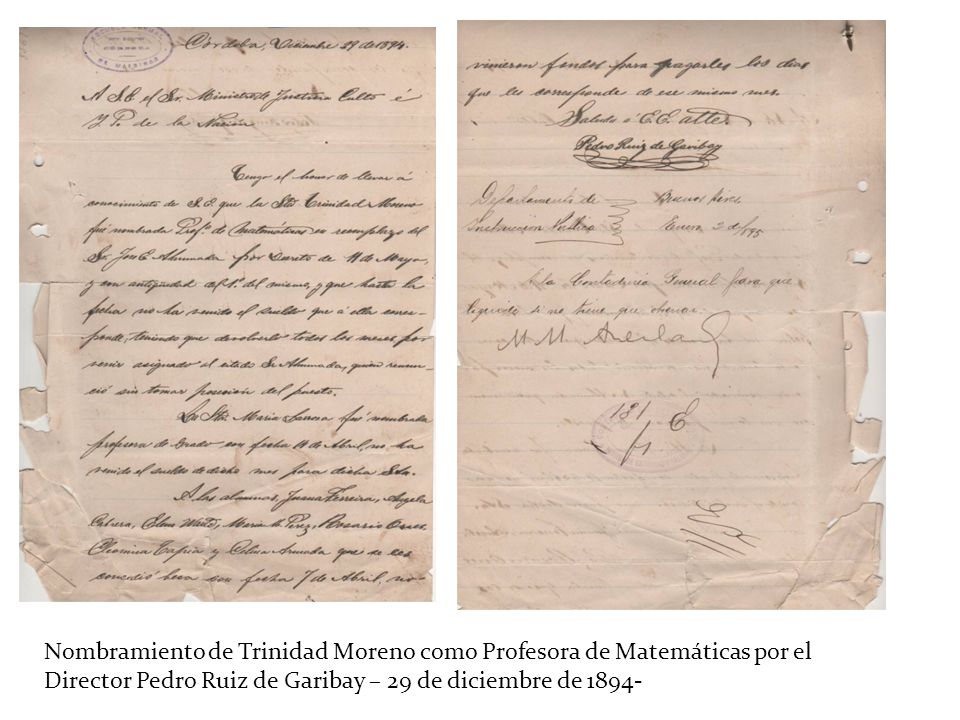 Nombramiento de Trinidad Moreno como Profesora de Matemáticas por el Director Pedro Ruiz de Garibay – 29 de diciembre de 1894-