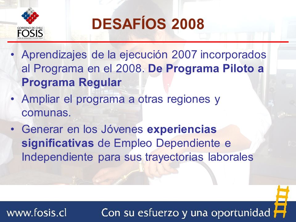 DESAFÍOS 2008 Aprendizajes de la ejecución 2007 incorporados al Programa en el De Programa Piloto a Programa Regular.