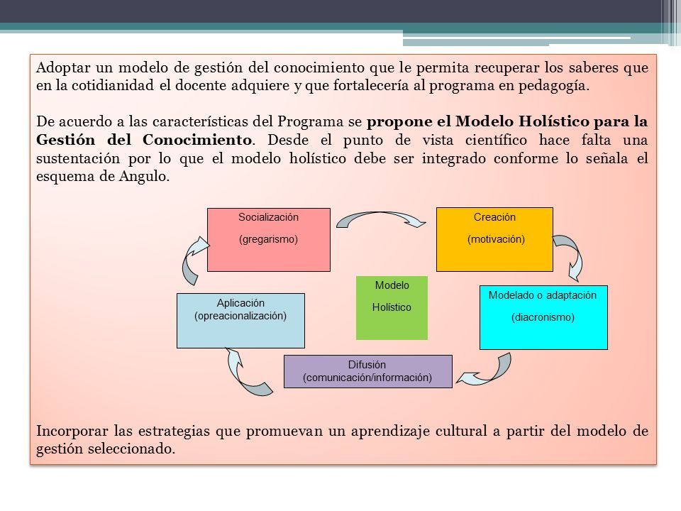 Adoptar un modelo de gestión del conocimiento que le permita recuperar los saberes que en la cotidianidad el docente adquiere y que fortalecería al programa en pedagogía.