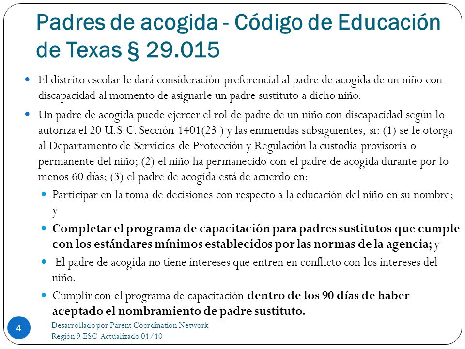 Padres de acogida - Código de Educación de Texas §