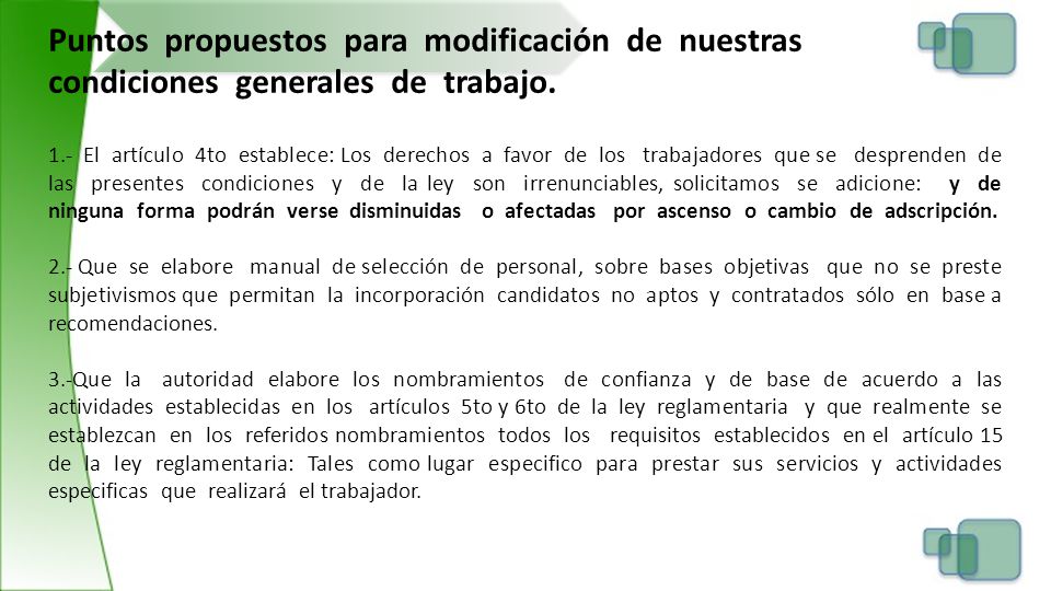 Puntos propuestos para modificación de nuestras condiciones generales de trabajo.