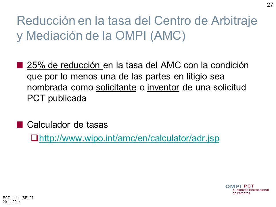 Reducción en la tasa del Centro de Arbitraje y Mediación de la OMPI (AMC)