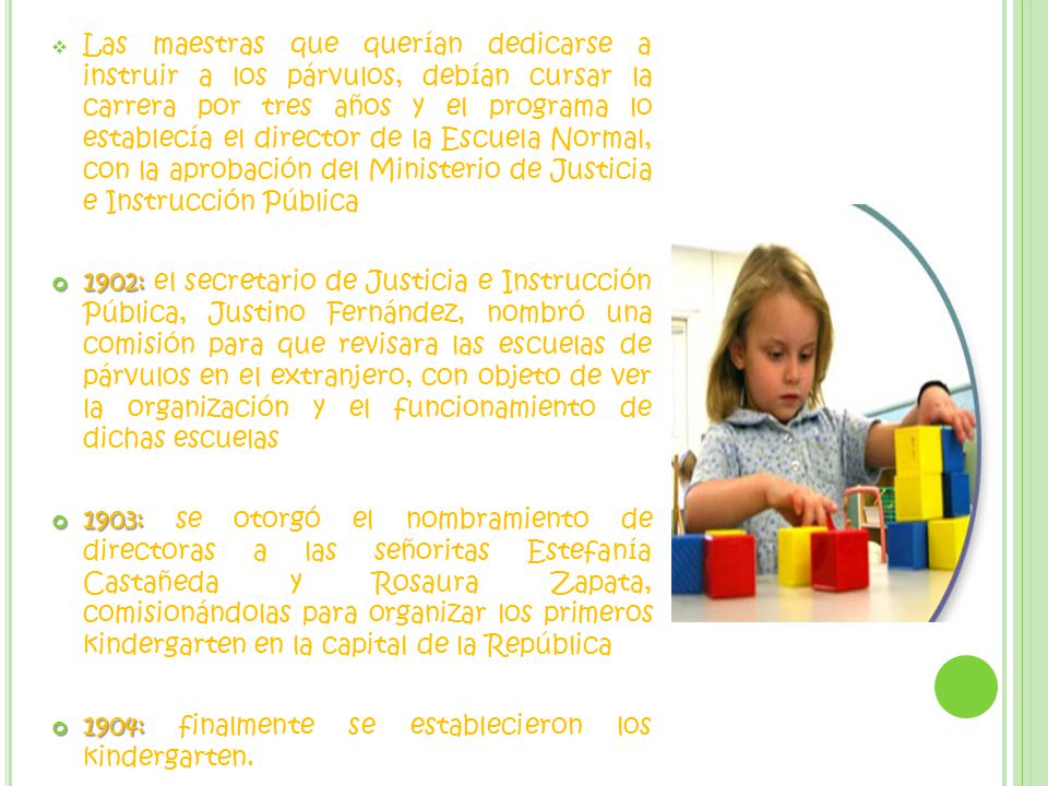 Las maestras que querían dedicarse a instruir a los párvulos, debían cursar la carrera por tres años y el programa lo establecía el director de la Escuela Normal, con la aprobación del Ministerio de Justicia e Instrucción Pública