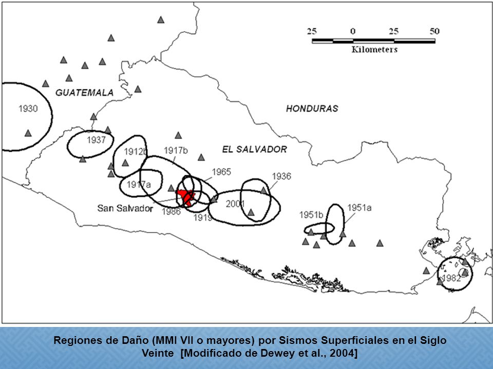 Regiones de Daño (MMI VII o mayores) por Sismos Superficiales en el Siglo Veinte [Modificado de Dewey et al., 2004]