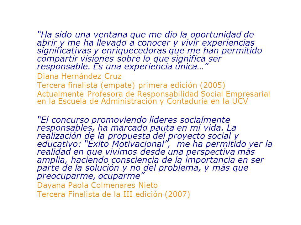 Ha sido una ventana que me dio la oportunidad de abrir y me ha llevado a conocer y vivir experiencias significativas y enriquecedoras que me han permitido compartir visiones sobre lo que significa ser responsable. Es una experiencia única…