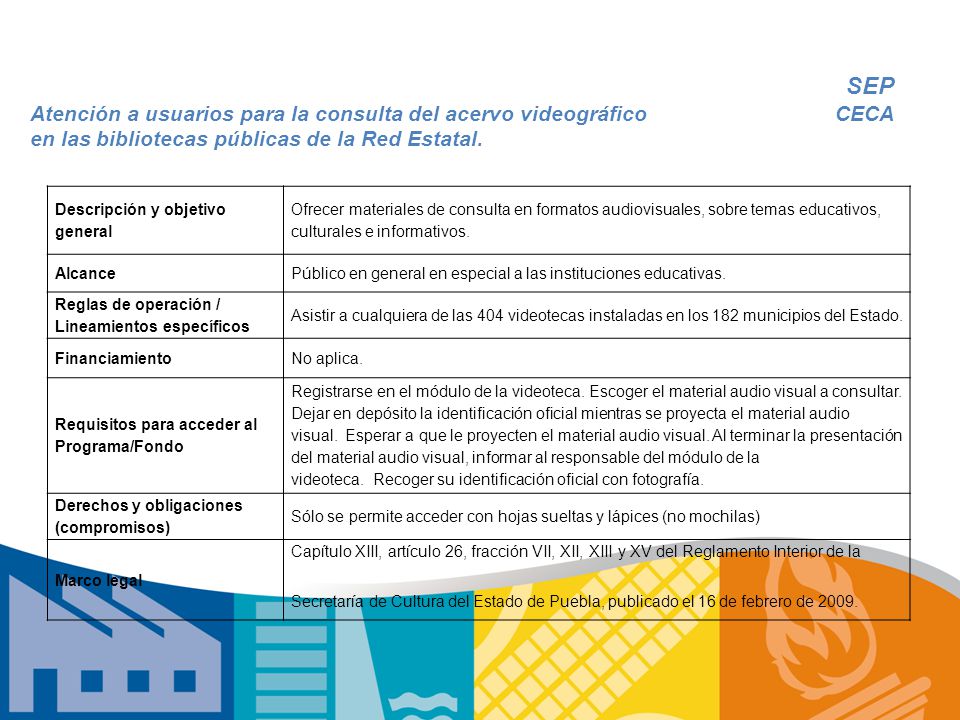 SEP CECA. Atención a usuarios para la consulta del acervo videográfico en las bibliotecas públicas de la Red Estatal.